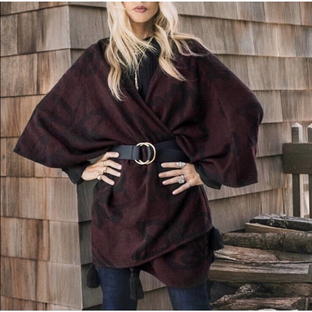 Cleobella Sevigny Capelet Womens Kimono Cape‎ Poncho Wrap Cardigan Burgundy OS